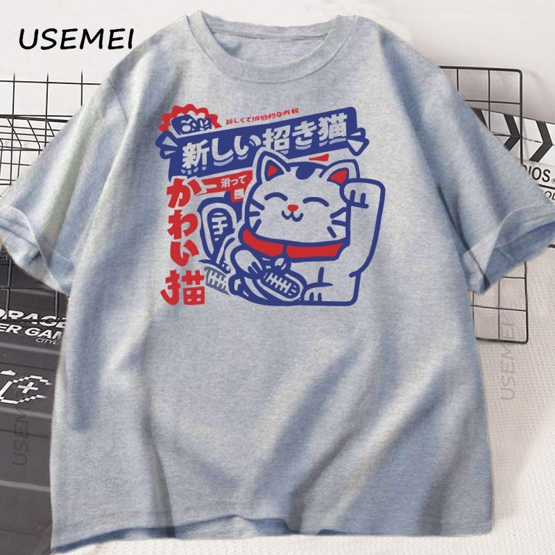 Kawaii Anime Cat Printed T-Shirt Japanese Style Cotton Tshirt Soft Breathable Round Neck Short Sleeve Tee Unisex Streetwear