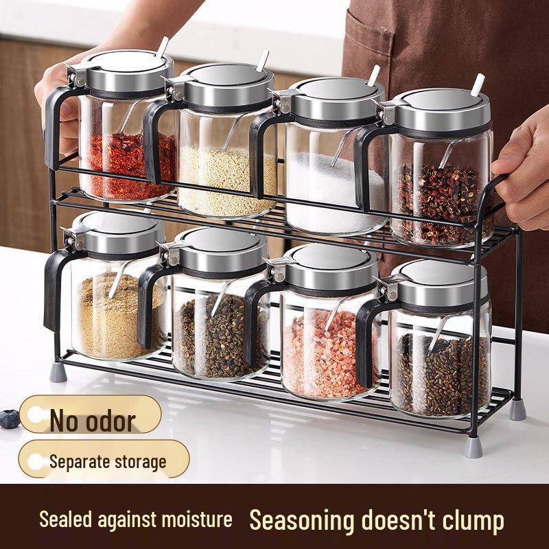 Stainless Steel Glass Kitchen Seasoning Jars Set with Spring Lid & Spoon