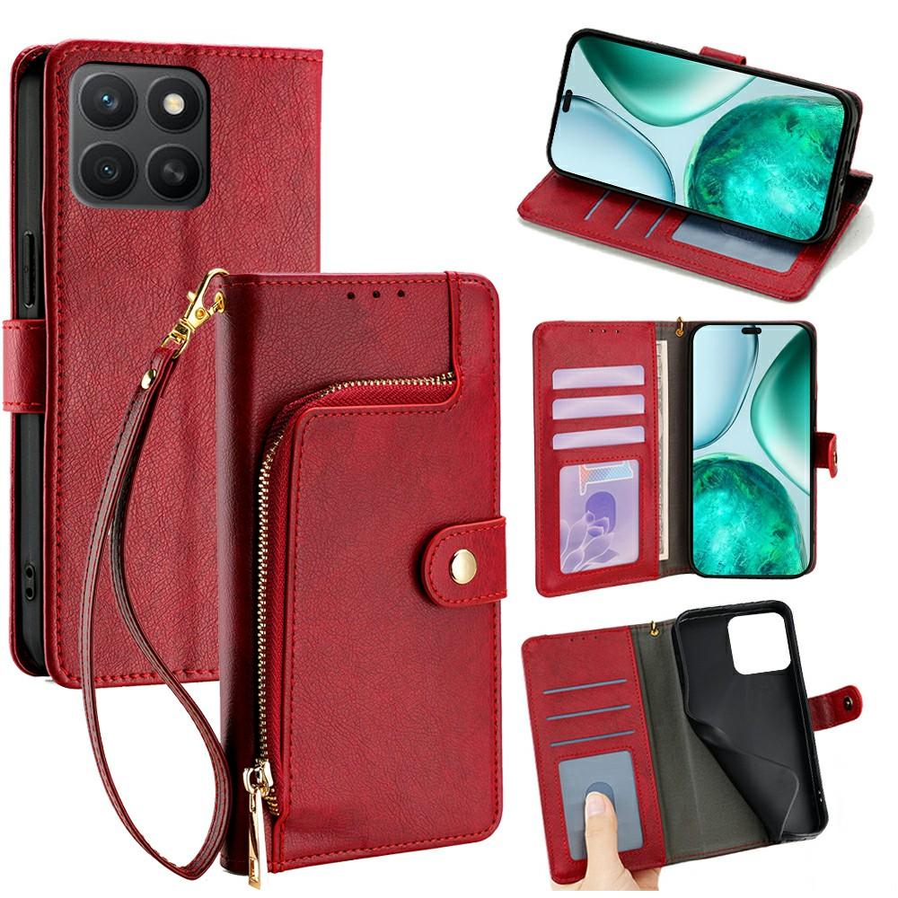 

For Honor X8c 4G Case Zipper Pocket PU Leather Wallet Flip Phone Cover Red