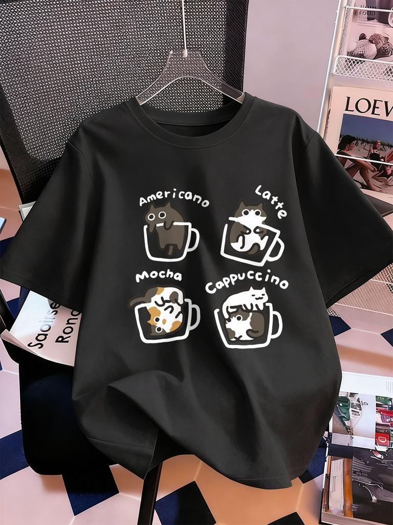 Cat Coffee Art Letter Printing TShirts Womens Summer Cotton Short Sleeve Tops ONeck Soft Loose T Shirt Casual Womans Clothes