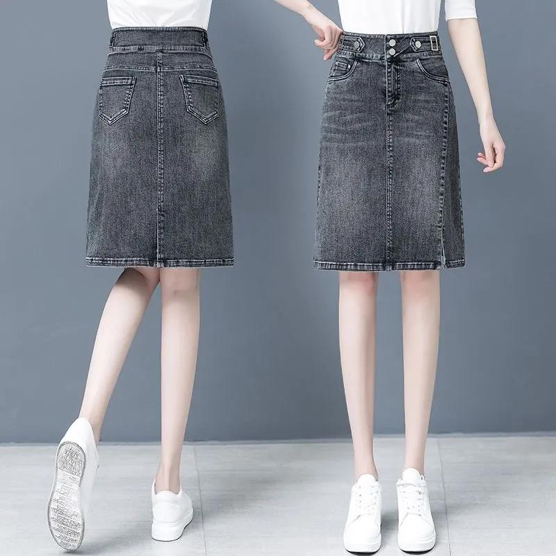 Spring Summer Plus Size Skirt for Women High Waist Large Size Slit Black or Blue Jeans Skirts Korean Slim Femme A-line Skirt