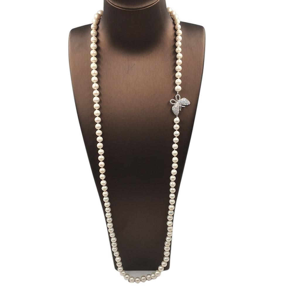 AA-grade 90 Cm Long Freshwater Pearl Necklace 7-8 Mm Round Sweater Pearl with Butterfly Accessories Good Quality Nature Necklace