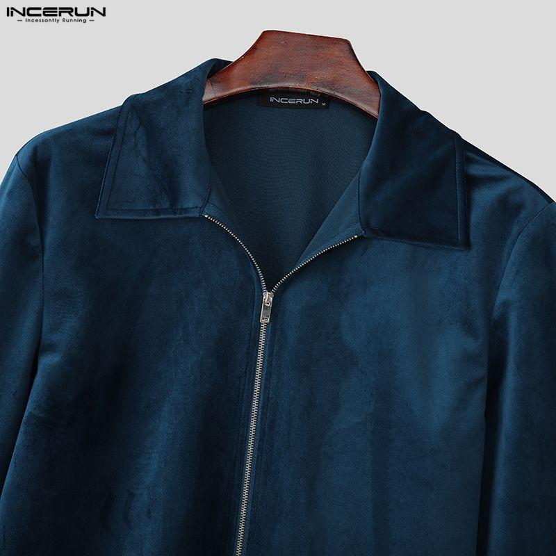 INCERUN Men Casual Lapel Neck Long Sleeve Zipper Up Velvet Jackets Coats