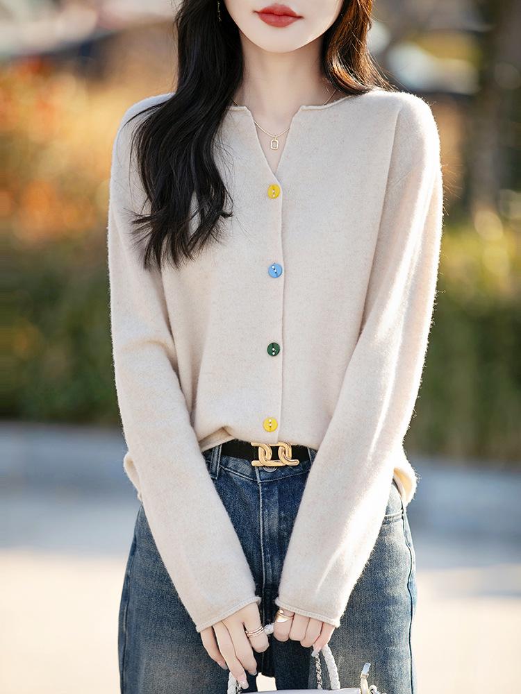 Women's V-Neck Wool Cardigan Sweater - Spring New Arrival, Loose Fit, Solid Color, Versatile Knit Outerwear.