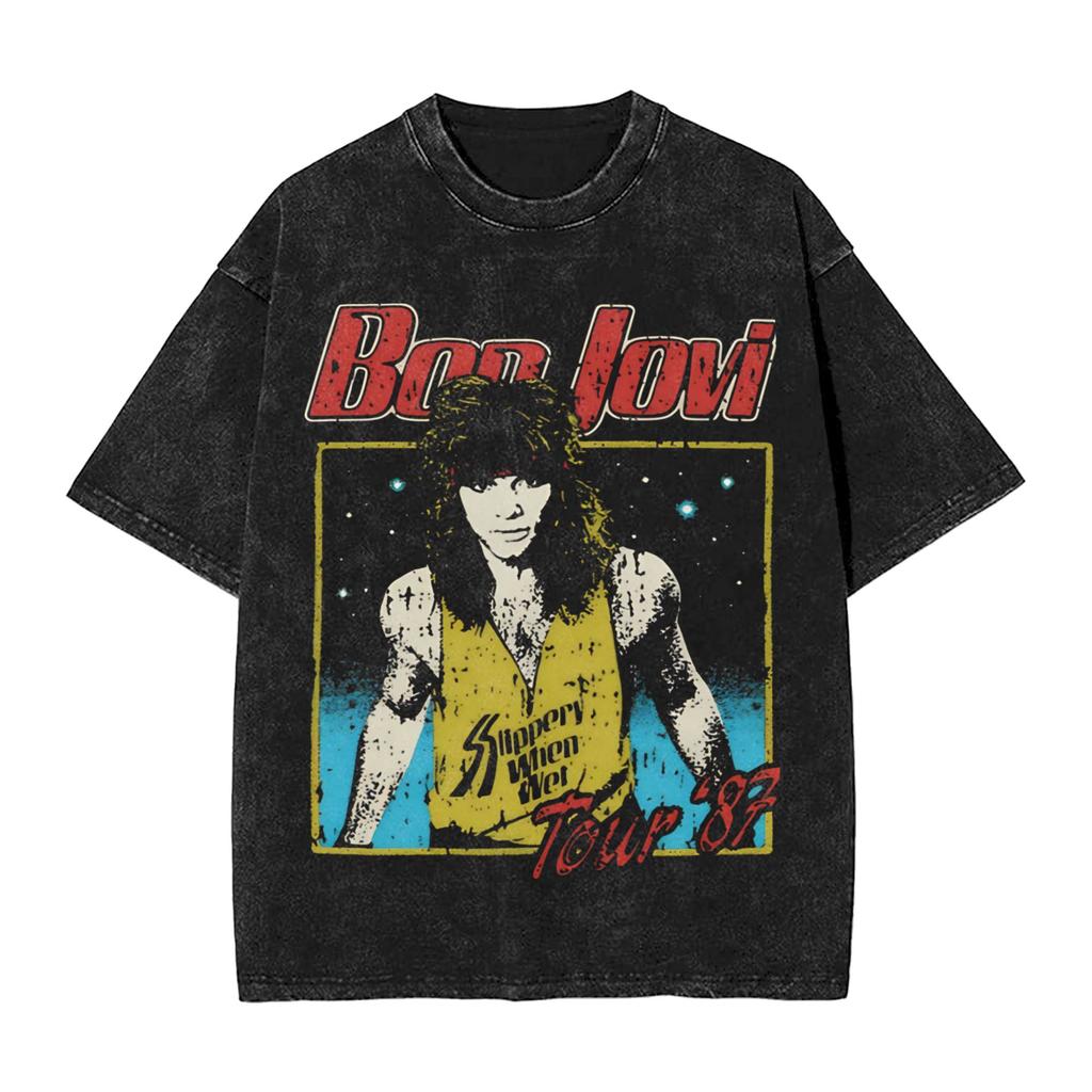 Bons Jovis T Shirts Hip Hop Washed 100% Cotton High Street T-Shirt Rock Music Band Novelty Tops Streetwear Summer Tee Shirt