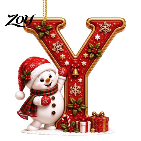 Indoor Holiday Decorations Cute Snowman Letter Christmas Ornament, 2D Flat Personalized A-Z Alphabet Clear Pattern Hanging Decor Acrylic Pendant