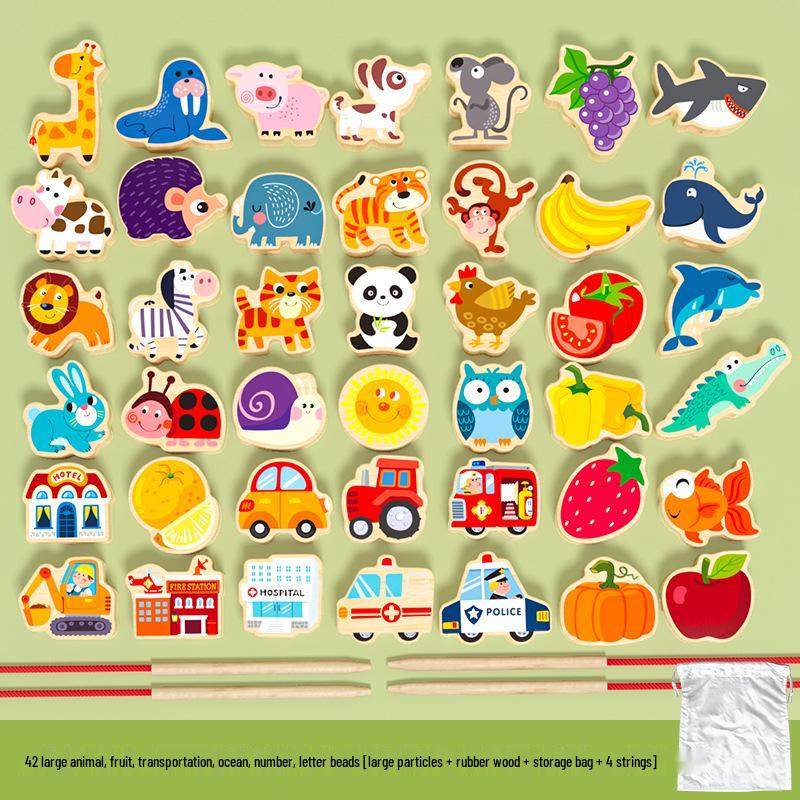 Wooden Animal & Fruit Beaded Blocks Educational Toy for 3-Year-Olds