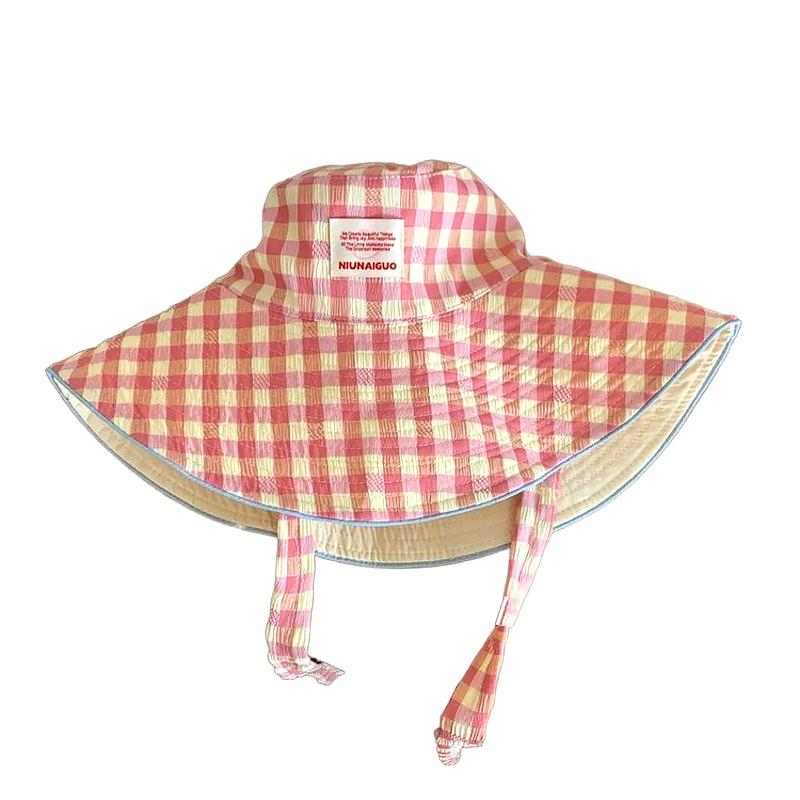 Women Sun Hat Sweet Plaid Wide Edge Fisherman Hat Outdoor Sun Protection Hat Travel Lace Up Hiking Large Brim Beach 5 Colors