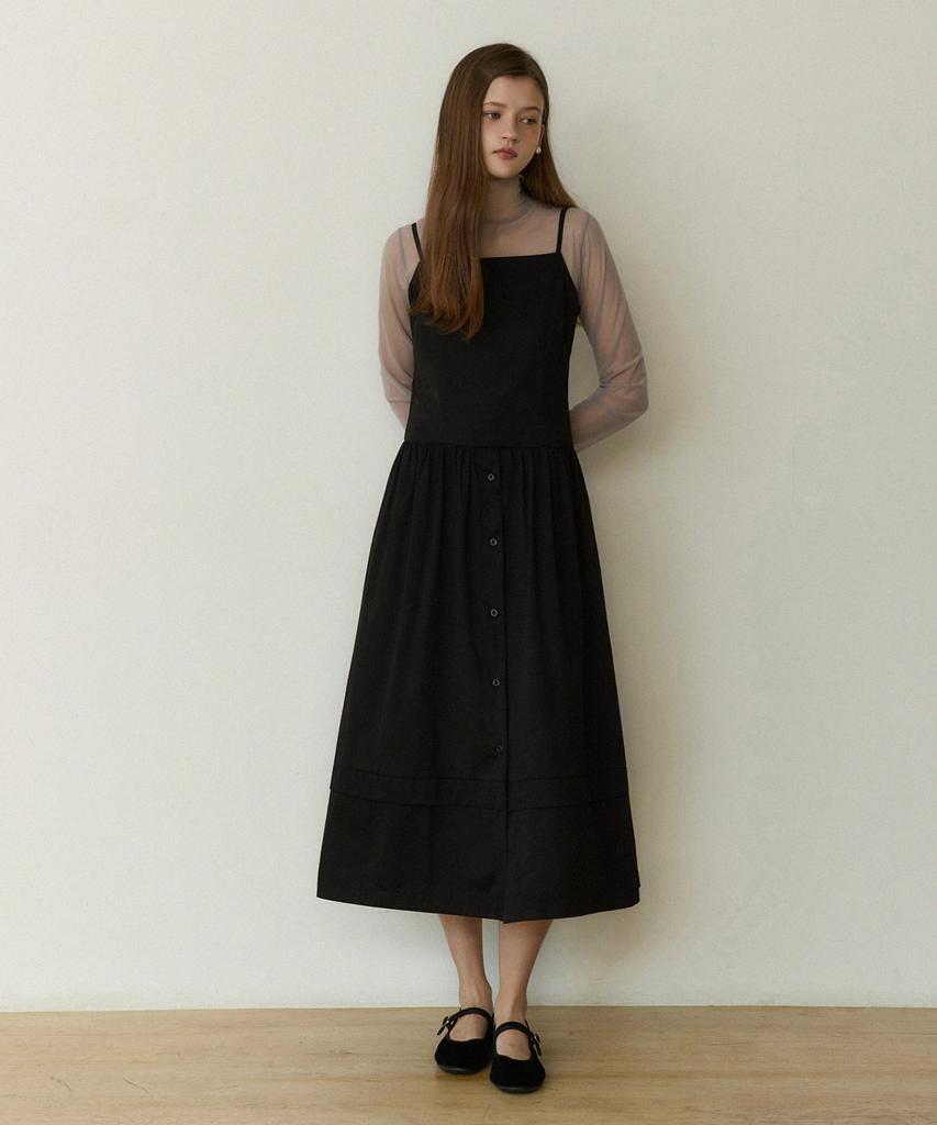 Adowl Thin Line Raw Rise Button Long Dress - Black