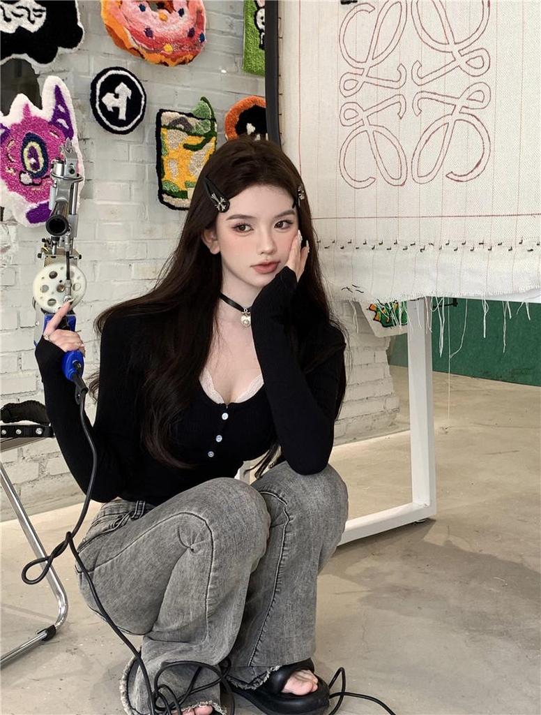 Sweet & Spicy Lace Patchwork Long Sleeve T-shirt - Women's Autumn/Winter Korean Style Sexy Base Layer Top