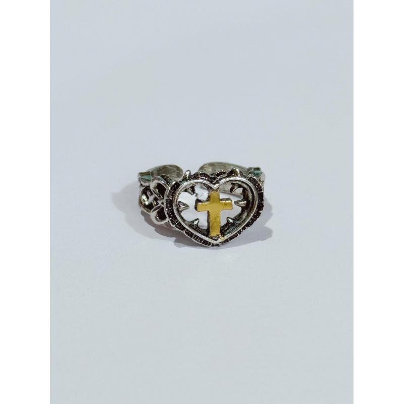 Jun'an Adjustable Heart-Shaped Gold Cross Ring