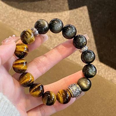 Yellow Tiger Eye & Gold Silver Obsidian Bracelet for Men - Attracts Wealth & Luck, Year of the Horse Crystal Beaded Gift for Boyfriend