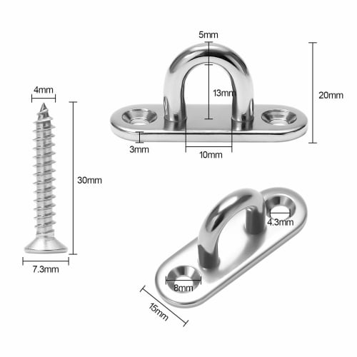 ZitFRi 10-Piece Pad Eye Set, 304 Stainless Steel Rectangular Eye Plates, 40kg Load Capacity, M5, Corrosion-Resistant, High-Strength, 45mm x 15mm, Incl