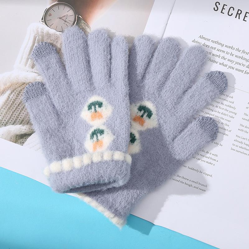 Korean Version of Women's Warm Gloves for Autumn and Winter Cold Proof Thickened Knitted Yarn Flowers Tulips Riding Touch Screen Finger
