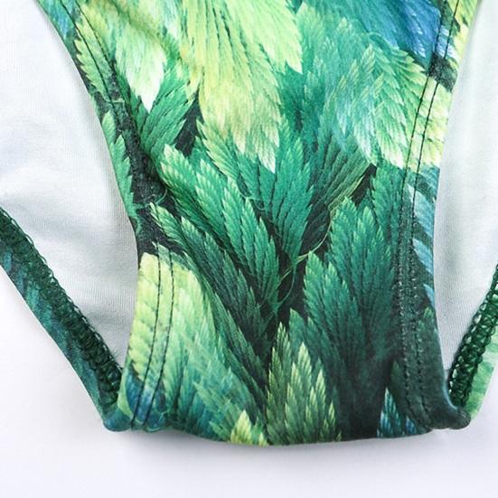2Pcs/Set Summer Bikini Set Green Printing Sloping Shoulder Design Bra Low-rise Quick-Drying Fabric Bottoms Set Beach Pool Swimwear