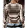 Women S Fitted Long Sleeve U Neck Striped Knit T Shirt For Autumn