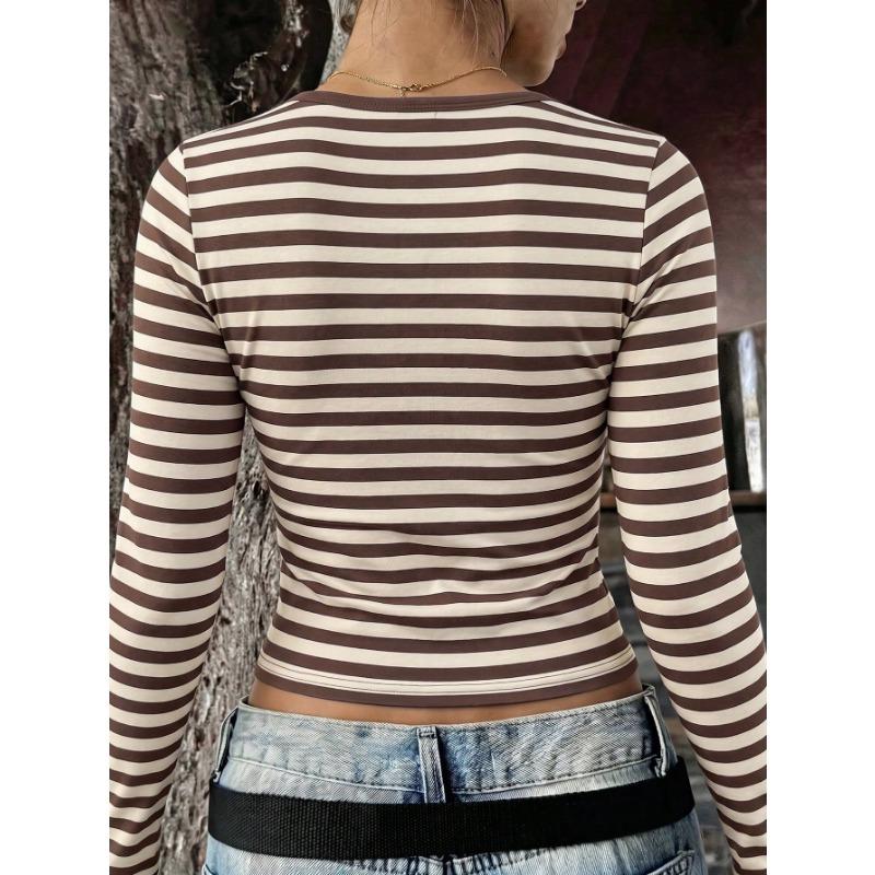 Women S Fitted Long Sleeve U Neck Striped Knit T Shirt For Autumn
