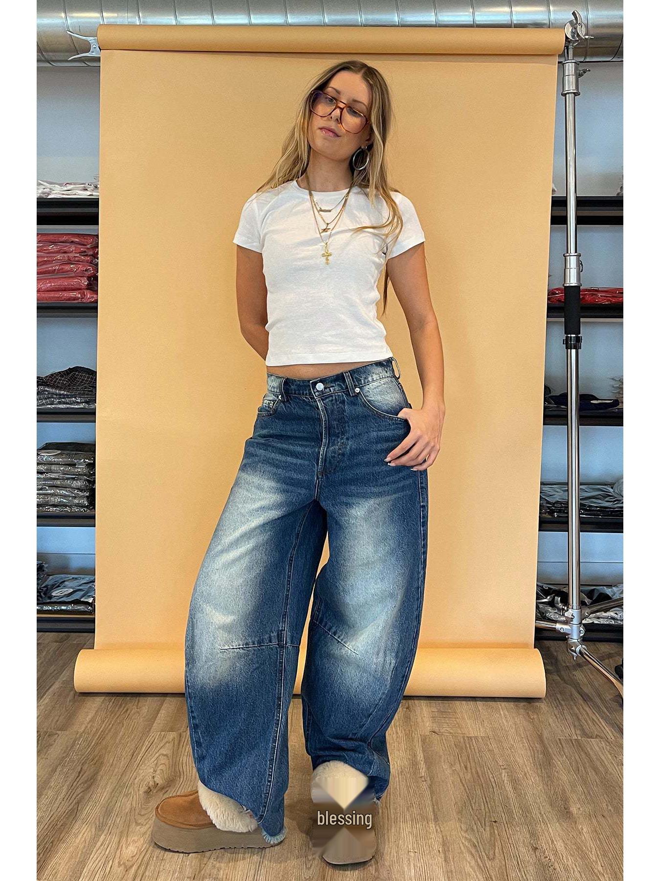 

Женские винтажные джинсы с широкими штанинами 2025 - брюки полной длины свободного кроя XL темно-синий