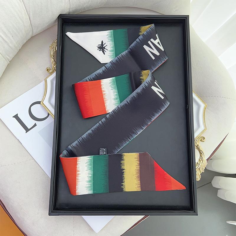 New personalized rainbow stripe pattern long diagonal silk scarf literary retro French headband versatile neck streamer 100cm