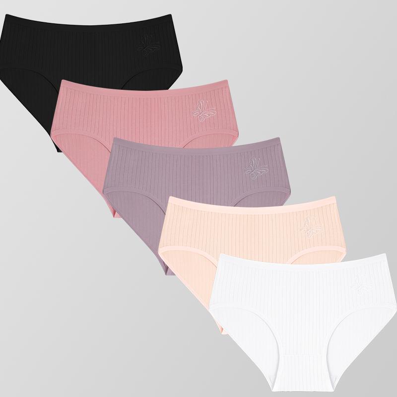 FIENTOO 5Pcs Women Ribbed Cotton Underwear 95% Cotton Soft Butterfly Embroidery Mid Rise Panties Breathable Daily Briefs Comfort