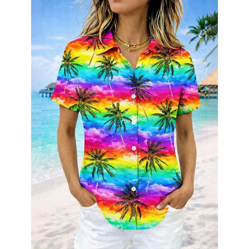 Women's Hawaiian Rainbow Flower Palm Tree Print Lapel Shirt Short Sleeve Button Down Casual Tops Summer Beach Wear Lightweight