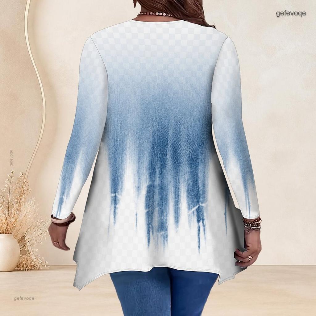 Women Plus Size V Neck Long Sleeve Purple White Tie Dye Irregular Hem Tunic Top