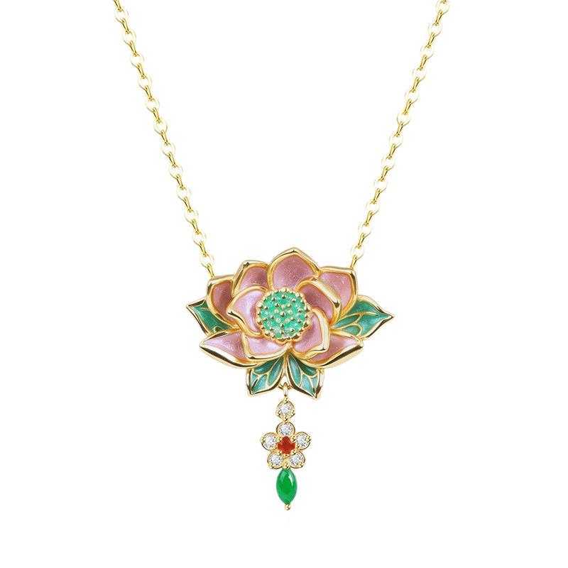 Collana di Loto Smaltata di Alta Gamma in Stile Cinese con Mantenimento del Colore