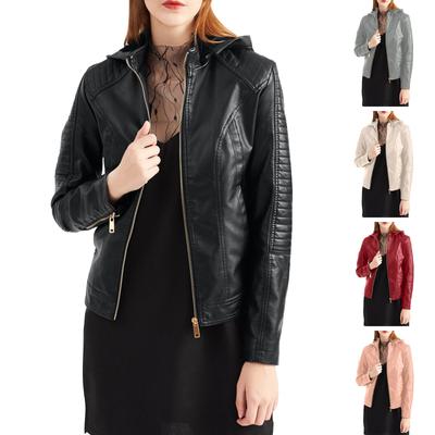 Chaqueta de cuero para mujer, chaqueta corta con capucha para otoño e invierno, chaqueta informal cálida