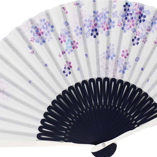 [Stylish Kimono Iroha] Women's Fabric Fan, Dyed Frame, Blossom Blue, Cherry Blossom