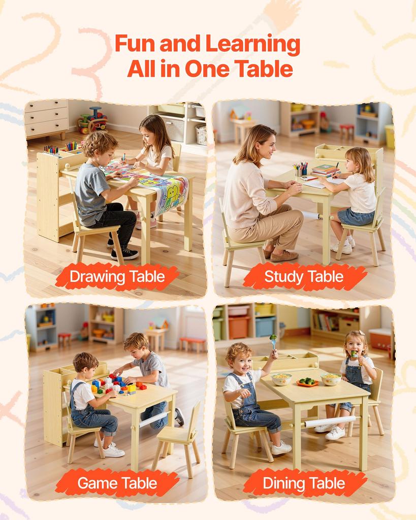 VEVOR Set Tavolo e Sedia per Bambini, Tavolo per Lavoretti per Bambini Piccoli con Mobiletto a 3 Ripiani, Scrivania Gioco Attività in Legno per Bambini con 2 Sedie