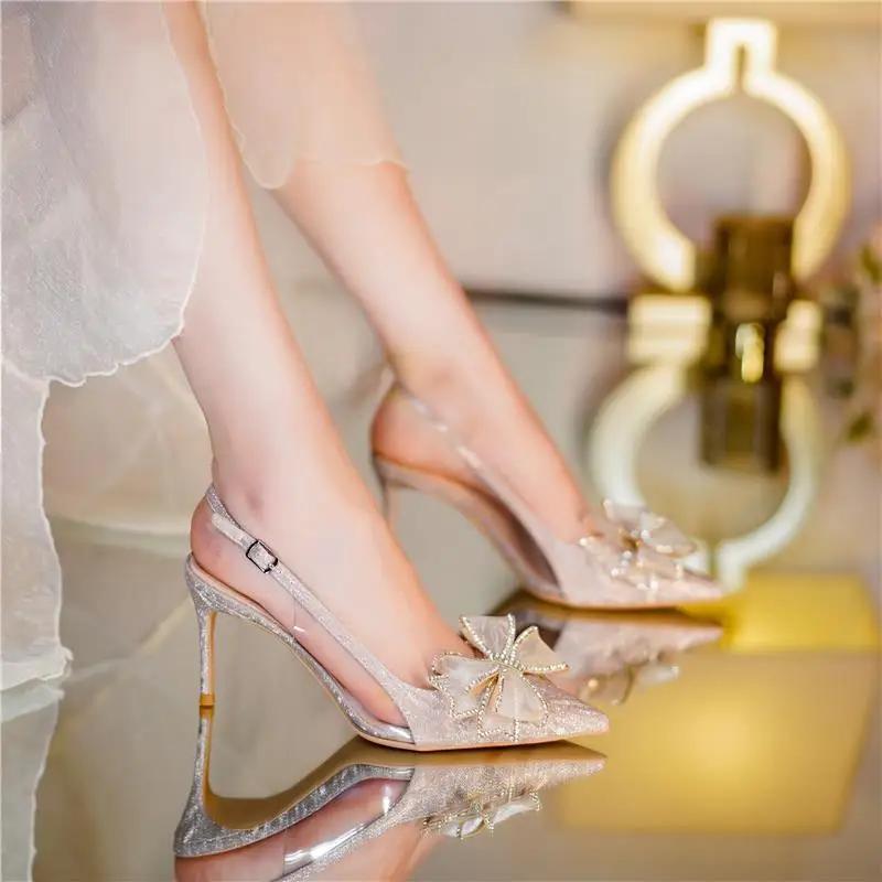 Fashion For Office Work High Heels Ladies Shoes Footwear Sandals Women Summer 2024 Thin Transparent Pointed Toe Open Silver Bow Comfort