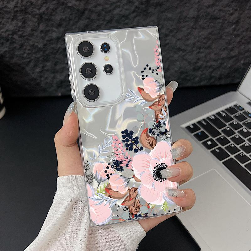 Motif Floral Plume Pailleté Étui de Téléphone Slim Pour Samsung S25 Ultra S24 FE S23 A56 A36 A16 A55 TPU Antichoc Bord Souple Paillettes Coque Arrière Rigide en PC