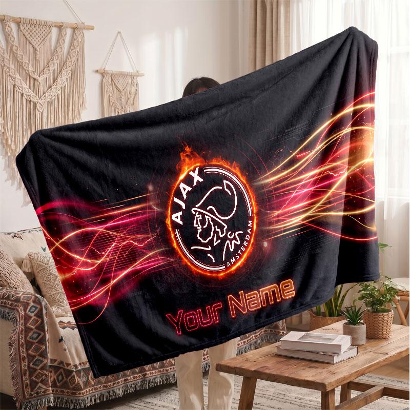 Coperta in Pile Personalizzata Ajax Amsterdam con Logo Calcio, Testo Nome Personalizzato Morbida Calda Coperta da Divano per la Casa