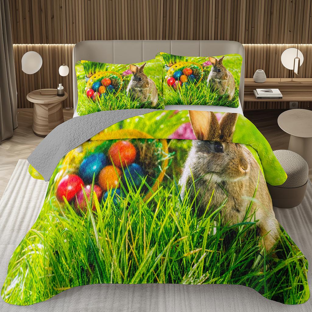 Cartoon Rabbit Bedspread Queen/Twin Lightweight Rustic Farmhouse Coverlet Easter Bunny Quilted Bedding Set 2/3 Pieces Quilt Set