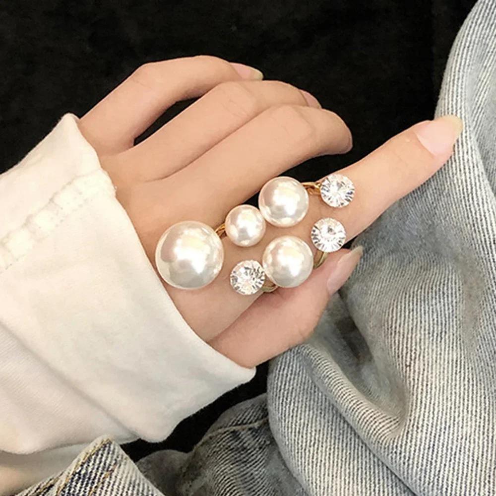 French Simple Multilayer Imitation Pearl Metal Rings for Women Shiny Zircon Crystal Party Wedding Jewelry Accessories Women Gift