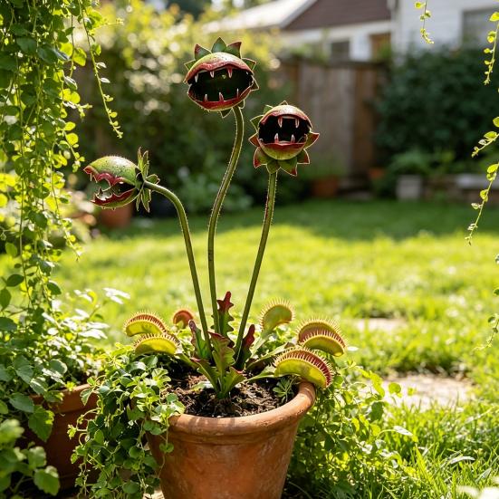 Metal Carnivorous Plant Garden Stake Handmade Rainproof Yard Sculpture for Flower Beds Patios Planters Rustproof Unique Quirky Garden Gift