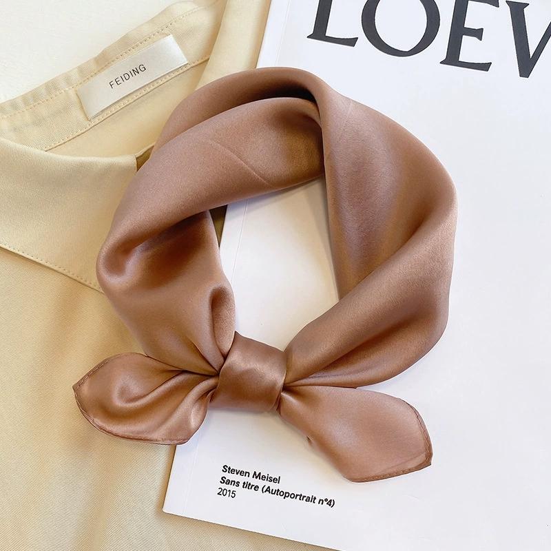53CM Square 100% Mulberry Silk Scarf Solid Color Roll Edge Small Head Neck Hijab Women Decoration Kerchief Silk Bandana Scarves