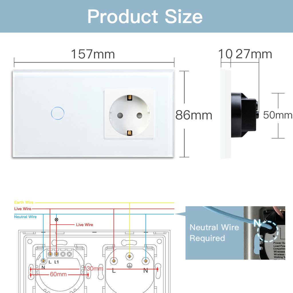 BSEED  Wifi 1/2/3Gang Smart Touch Switches 1/2/3Way Wall Light Switches Tuya Smart Life App Control Plus Sockets EU Standard