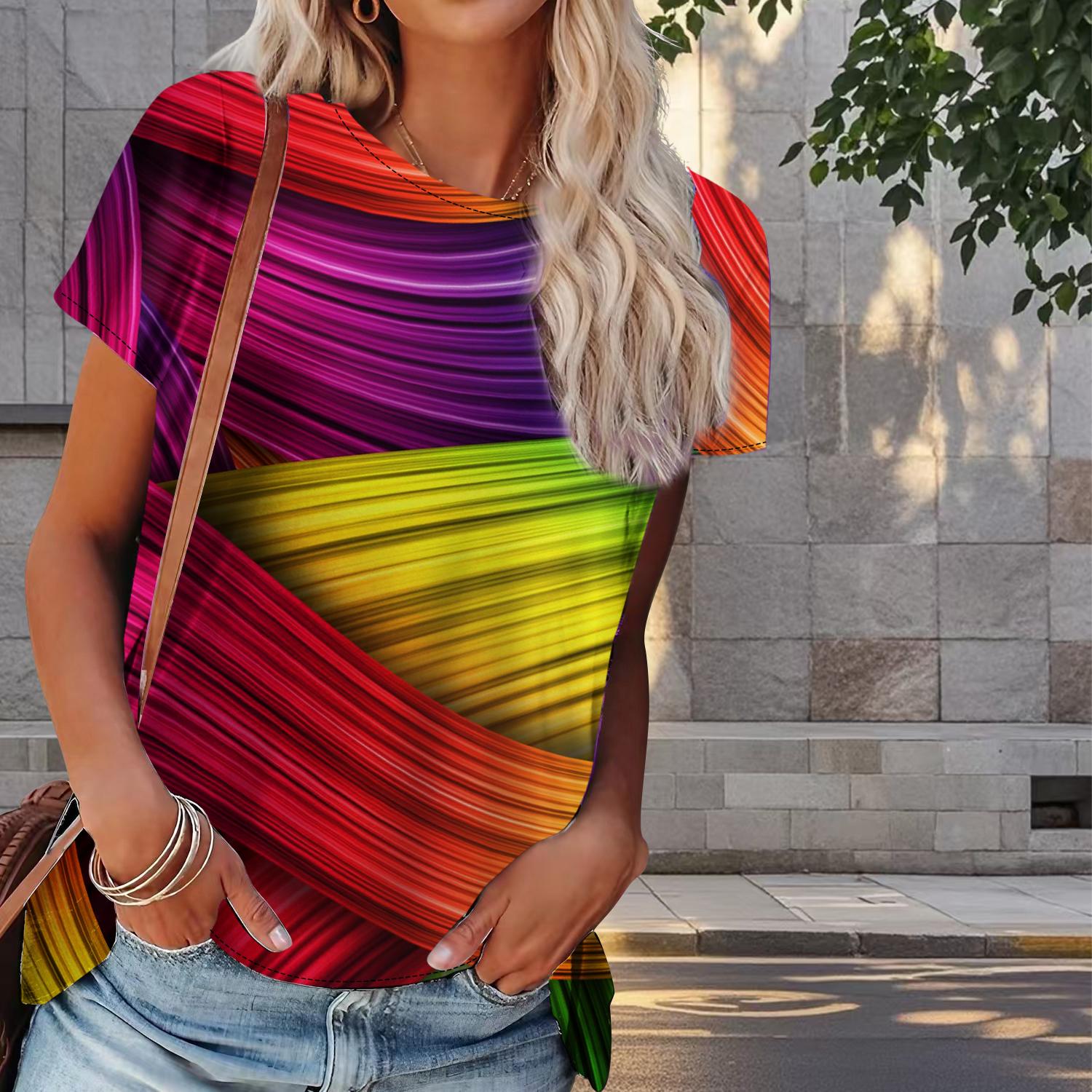 

Женская летняя футболка с разноцветным принтом в стиле ретро, футболки с коротким рукавом, повседневные топы с принтом L розовый