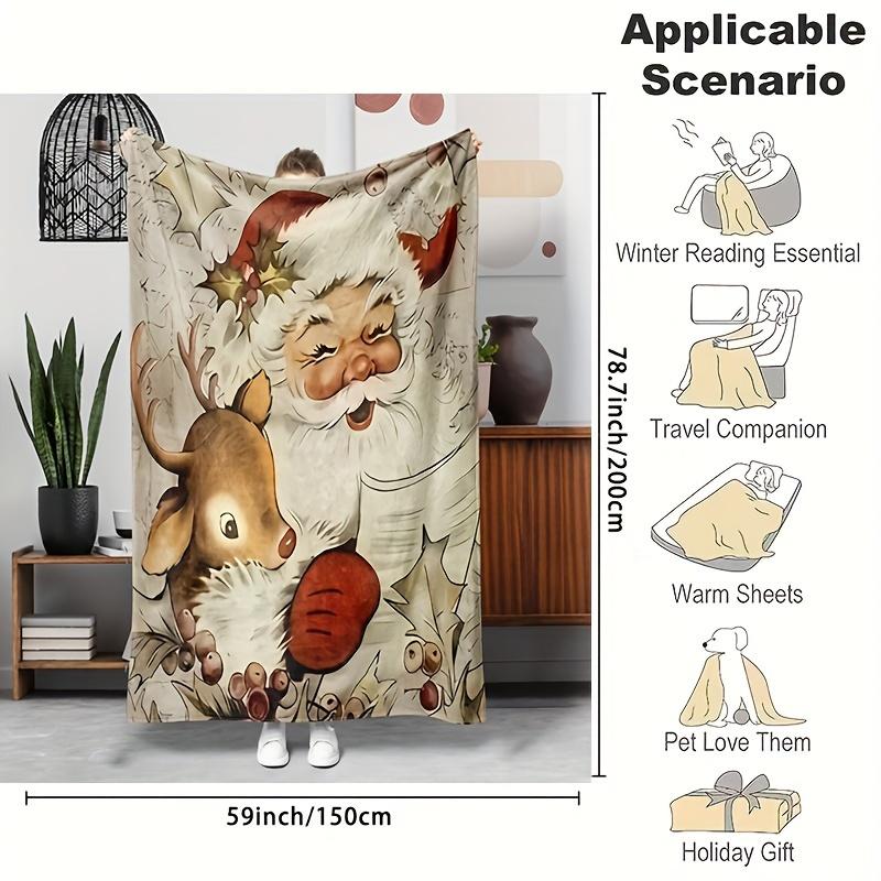 Cozy Christmas Flannel Throw Blanket - Vintage Santa & Reindeer Design, Soft & Warm for Couch, Bed, Office - Hypoallergenic