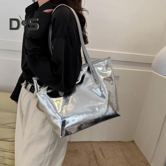 Women Tote Bag Faux Leather Solid Color Shoulder Bag Glossy Casual Armpit Handbag for Phone Keys Cards Work Travel Parties