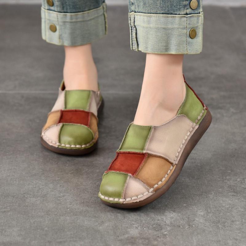 Johnature Retro Genuine Leather Mixed Colors Soft Soled Slip-on Shoes Versatile Round Toe Flat Shoes