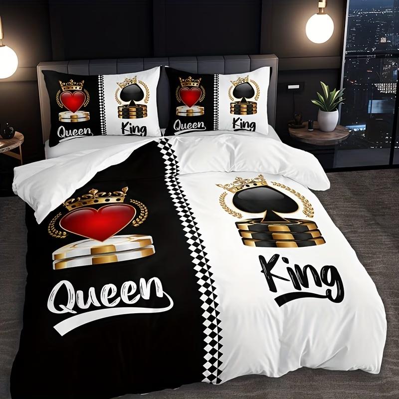 Queen & King 3pcs Couples Spouses Lovers Themes Bedding Set with All Size Featuring Printed English Letters On The Duvet Cover