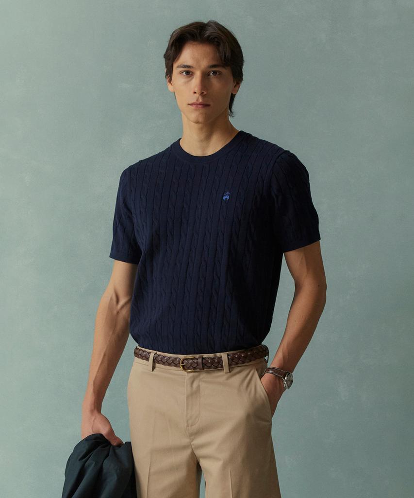 BROOKS BROTHERS Cotton Cable Crew Neck Short Sleeve Sweater (Dark Navy) (Bbwrmog203)