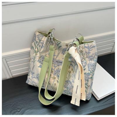 Große Tragetasche aus Canvas mit Henkel für Damen, modische Umhängetasche mit Blumenstickerei, lässige Pendlertasche