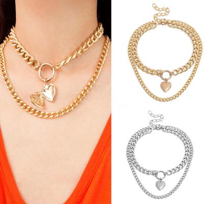 Collier ras du cou punk double couche avec pendentif cœur et chaîne épaisse