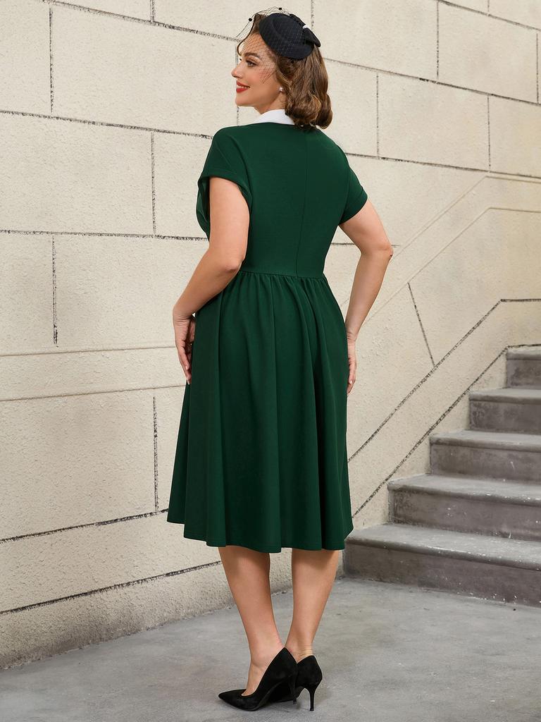 Lässiges A-Linien-Drapékleid für Damen mit Puppenkragen, ärmellosem Stil, Knopfleiste vorne, Retro-Midi-Outfit für den täglichen Gebrauch, Sommer-Vintage-Look