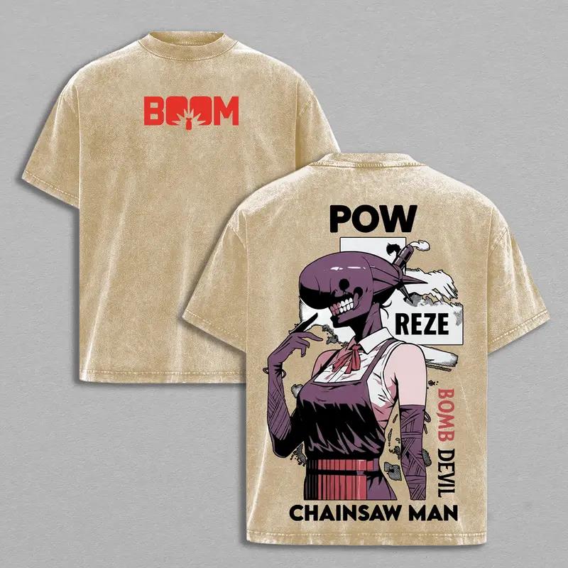Manga Chainsaw Man Reze T-Shirt für Herren Damen Kleidung Oberteile Hip Hop Gewaschenes Oversized T-Shirt Baumwolle Kurze Ärmel Grafik-T-Shirts