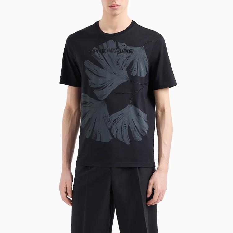 Emporio Armani SS24 Logo Plant Pattern Printed Crew Neck Casual Short Sleeve T-Shirt Men tops Black 3D1T6U-1J7FZ-10069