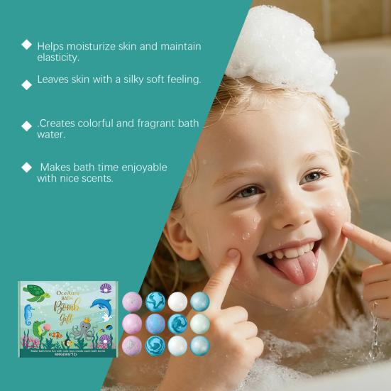 12Pcs Ocean-Themed Bath Bombs with Animal Toys Fizzy Colorful Bubble Balls for Kids Natural Sea Salt Essential Oils Moisturizing Skin-Softening Fun